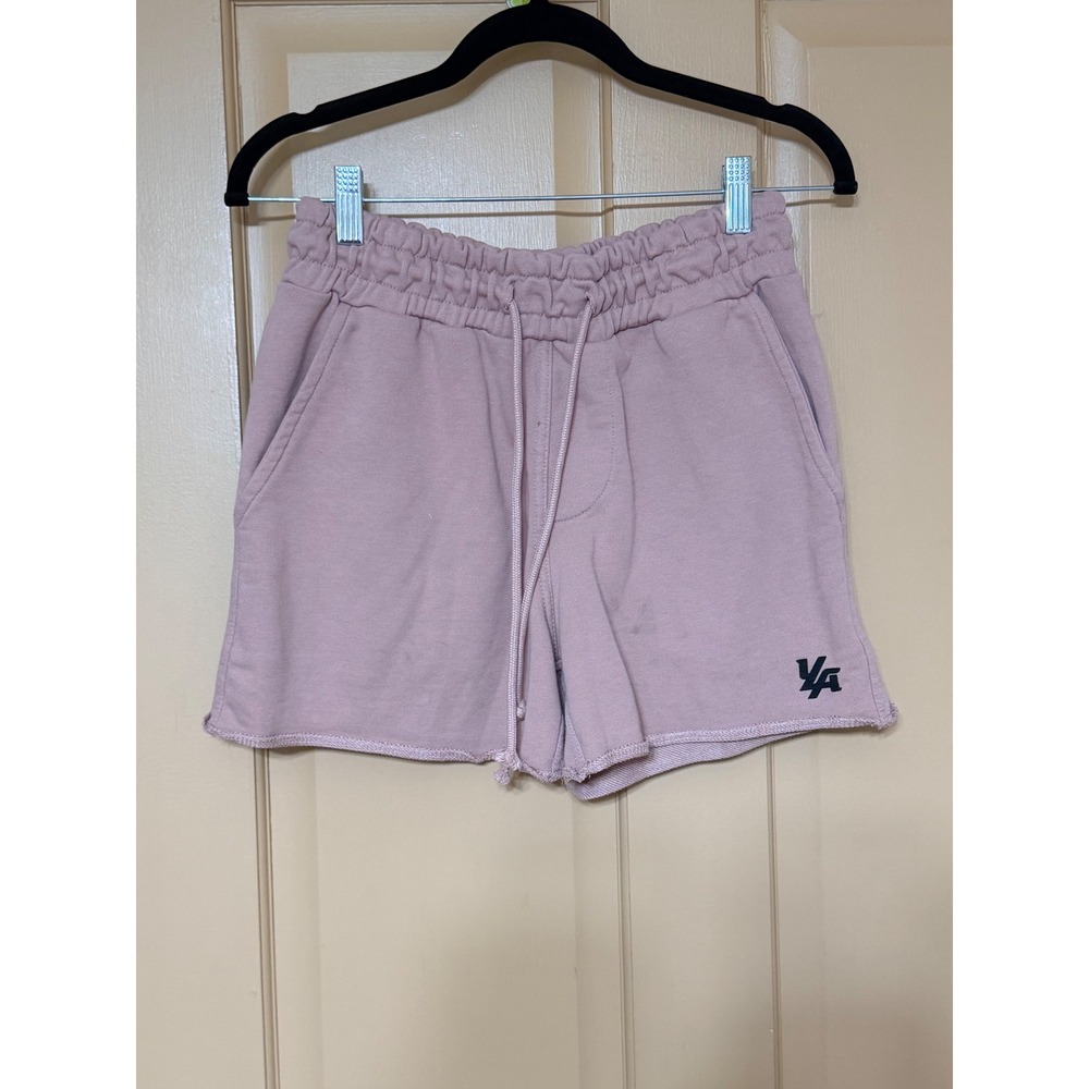 YoungLA Womens Pink Fleece Sweat Shorts High Waisted Drawstring Raw Hem Medium